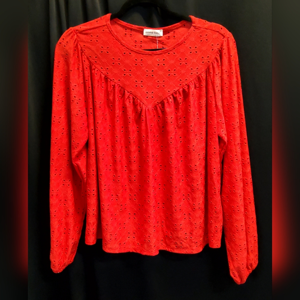 Anna Kaci - ladies red eyelet,  l/s, deep v pleated accent blouse.